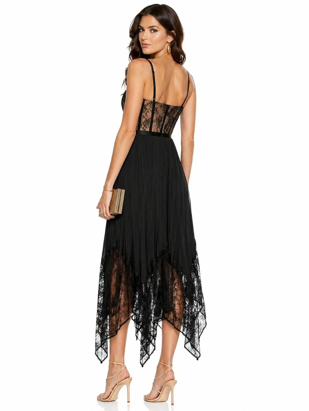 Black Lace-Trim Midi Dress with Handkerchief Hem - Picture 10 of 14